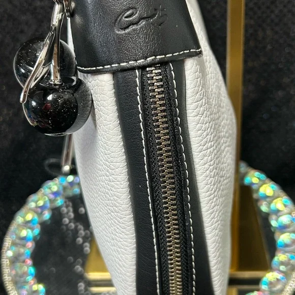 Cats (Made In Spain) Black and White Leather Bag w/Cherry Charm Approx. 13x9 x 2 - Picture 6 of 17